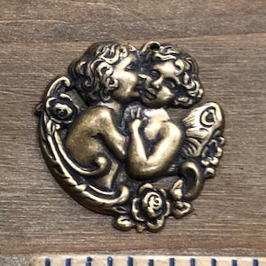 Kissing Cherub, Angel, Victorian Stamping, Finding. Charm Pendant Necklace Solid Brass, USA Made.
