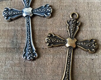 Trefoil Floral Detailed Etched Cross, Stamping, Finding, Charm, Pendant, Solid Brass, USA Made.