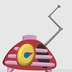 May include: A red radio with a rounded triangular shape, featuring three horizontal pink bars, a yellow circular dial with a blue center and a red pointer, and a tall, gray, zigzag-shaped antenna extending from the top right side.
