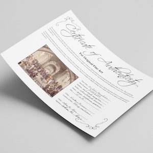 Peut inclure: Certificat d'authenticité pour œuvre d'art originale. Le certificat est imprimé sur du papier blanc avec du texte noir. Le texte comprend le titre "Certificat d'authenticité" et "Pour œuvre d'art originale". Le certificat comprend également un espace pour la signature de l'artiste et la date.