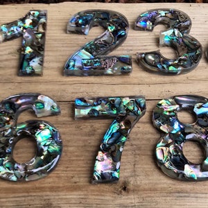 May include: Set of ten iridescent abalone shell number house plaques, each number is individually crafted and features a unique pattern of blue, green, and purple iridescent shell.
