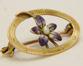 Seed Pearl Enamel Floral Brooch,10K Yellow Gold,1920s Enameled Pin,Delicate Enamel Brooch,Seed Pearl Enamel Pin, FREE SHIPPING