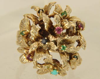 Multi-Gemstone 14K Yellow Gold Vintage Floral Bouquet Ring Size 5