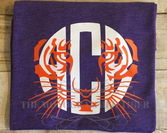 Orange and Purple  Tiger Face Monogrammed Tee