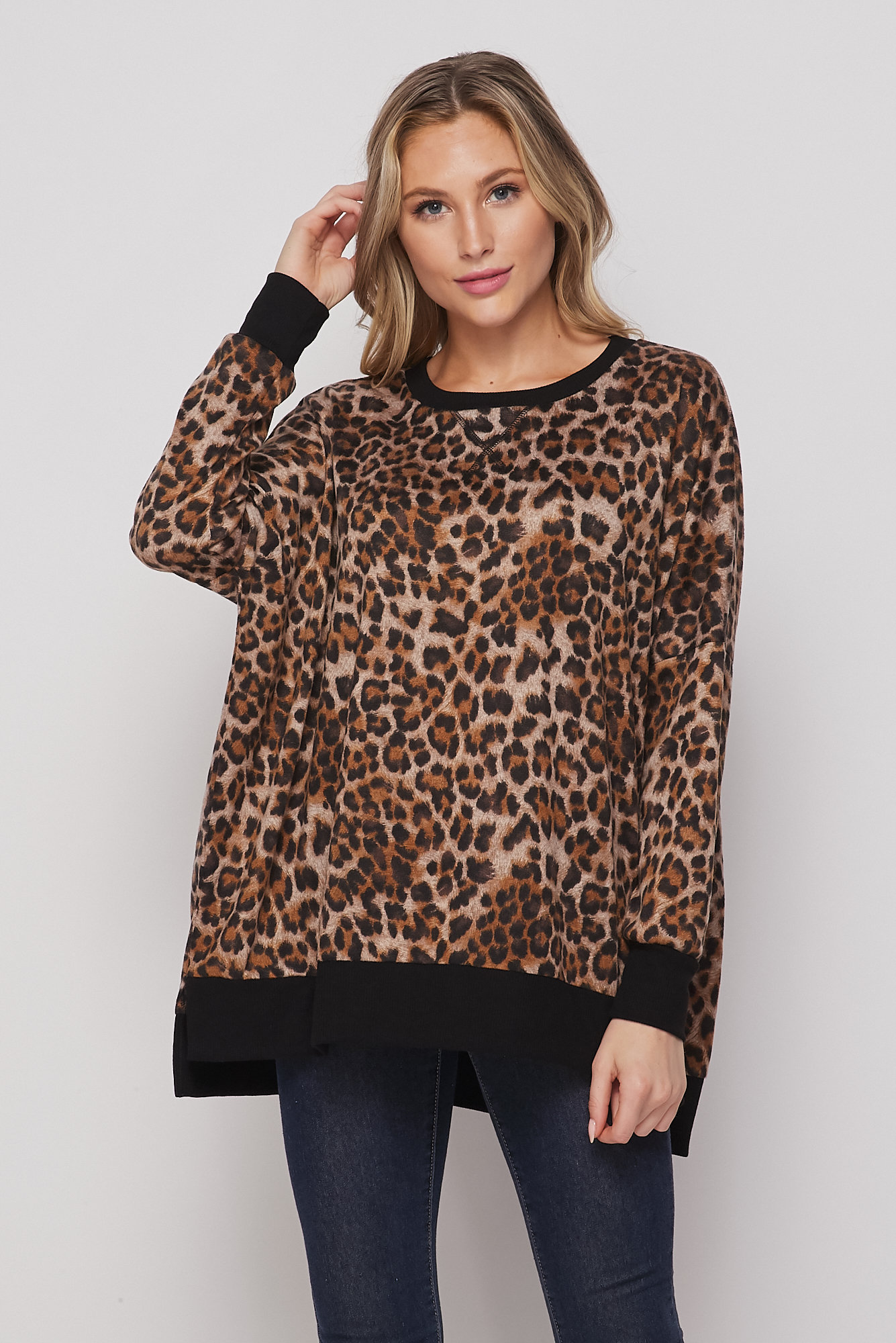 Cheetah Print Oversized Top With Black Trim