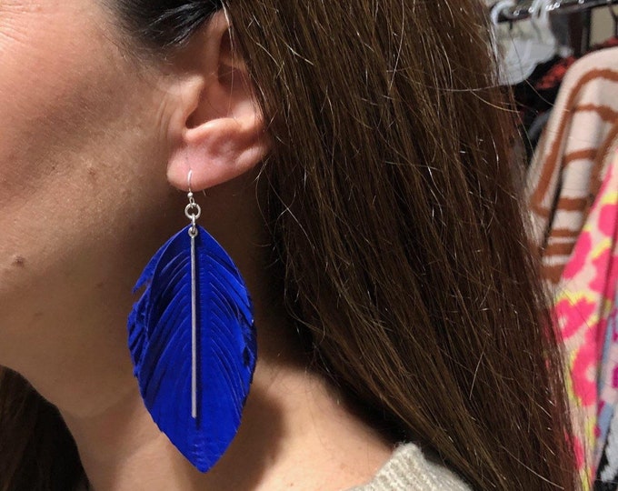 Blue genuine leather  feather earring