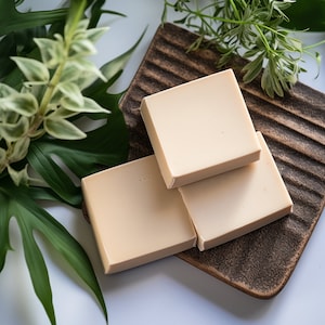 May include: Three rectangular bars of soap on a brown wooden tray with green leafy plants in the background.