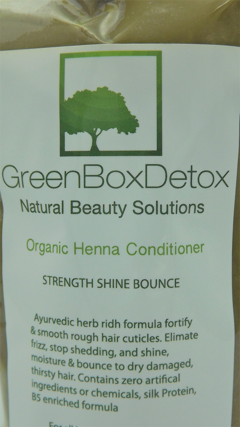 May include: GreenBoxDetox Natural Beauty Solutions Organic Henna Conditioner, Strength Shine Bounce. Ayurvedic herb rich formula fortifies and smooths rough hair cuticles. Eliminates frizz, stops shedding, and shines. Adds moisture and bounce to dry, damaged, thirsty hair. Contains zero artificial ingredients or chemicals, silk protein, B5 enriched formula.