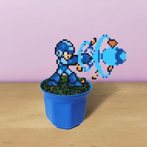 Mega Man Figurine in Plant Pot, Retro Video Game Decor, Free-Standing or Magnet, Mega Man Party Decor, Mega Man Birthday Gift, Mega Man Fan