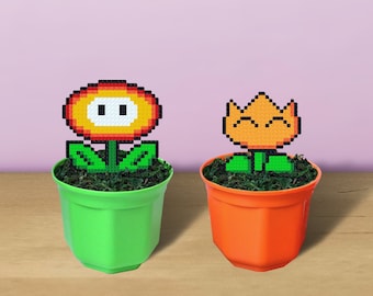 Pixel Art Fire Flower Super Mario with Pot (5.5&quot;), Mario Gift, 8 Bit Plant, Pixel Flower, Fake Plant, Mario Orange Flower, Birthday Decor