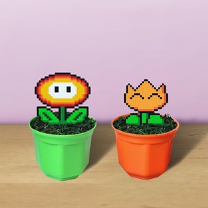 Pixel Art Fire Flower Super Mario with Pot (5.5"), Mario Gift, 8 Bit Plant, Pixel Flower, Fake Plant, Mario Orange Flower, Birthday Decor