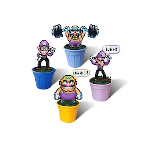 Wario & Waluigi Figurines in Plant Pots – Super Mario Party Figures – Freestanding or Magnet – Unique Beaded Art, Funny Wario Birthday Gift