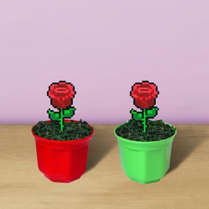 Artificial Red Rose with Pot, Perler Bead Art, 8 Bit Plant, Small Flower Decoration, Valentines Gift For Nerd Girlfriend, Flower Arrangement