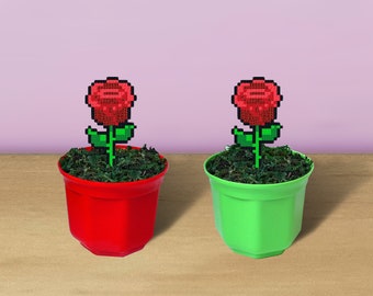 Artificial Red Rose with Pot, Perler Bead Art, 8 Bit Plant, Small Flower Decoration, Valentines Gift For Nerd Girlfriend, Flower Arrangement
