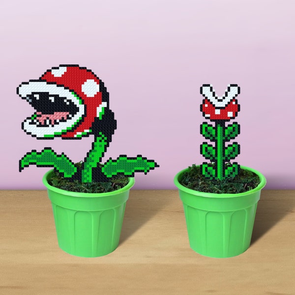 Super Mario Piranha Plant, Pixel Art in Pot, Super Mario Plant, Perler Bead Plant, Figure in Plant Pot, 8 Bit Art Plant, Fake Venus Flytrap