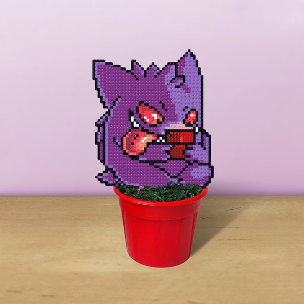 Gengar Figurine, Gameboy Decoration, Gaming Room Decor, Pokemon Gift for Geek, Figure in Pot, Pokemon Heart Gold, Pokemon Ds Lite, 8 Bit Art