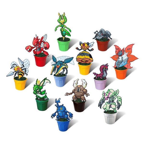 Bug Pokemon Figures in Plant Pot, Scizor, Scyther, Heracross, Volcarona, Vikavolt, Vespiquen, Leavanny, Pinsir, Golisopod, Beedrill, Durant