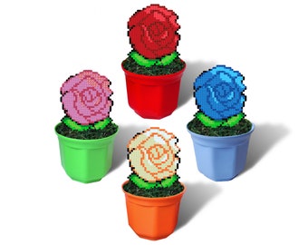 Big Head Rose in Plant Pot, Red, Blue, Pink, White, Fake Flower Decor, 8 Bit Rosette, Perler Bead Plant, Womens Day Gift, Wedding Ornament