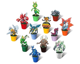 Bug Pokemon Figures in Plant Pot, Scizor, Scyther, Heracross, Volcarona, Vikavolt, Vespiquen, Leavanny, Pinsir, Golisopod, Beedrill, Durant