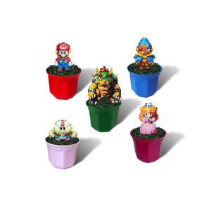 Super Mario RPG Legend Of The Seven Stars Figures in Plant Pots – Mario, Mallow, Geno, Bowser, Peach – Freestanding or Magnet, Perler Beads