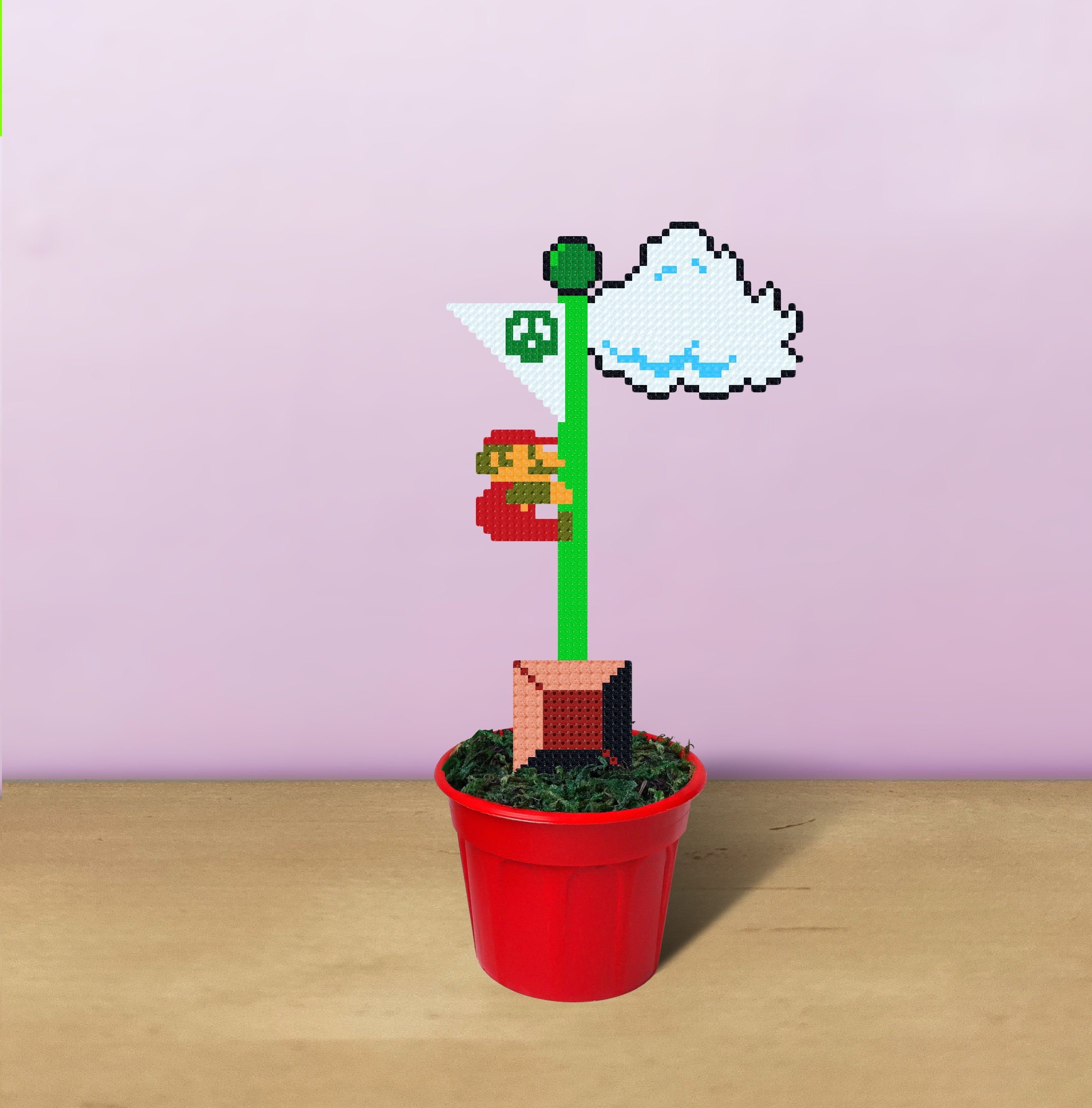 Super Mario Bros on Flagpole Figure in Plant Pot, Classic Mario Diorama, Super Mario Twitch Desk Decor, Gift for Mario Fans, Mario Decor