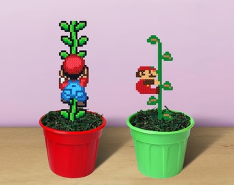 Super Mario Climbing Beanstalk Figurine in Pot, Super Mario Figure, Hama Beads, 8 Bit Art, Gift for Super Mario Fan, Mario Bros Decor