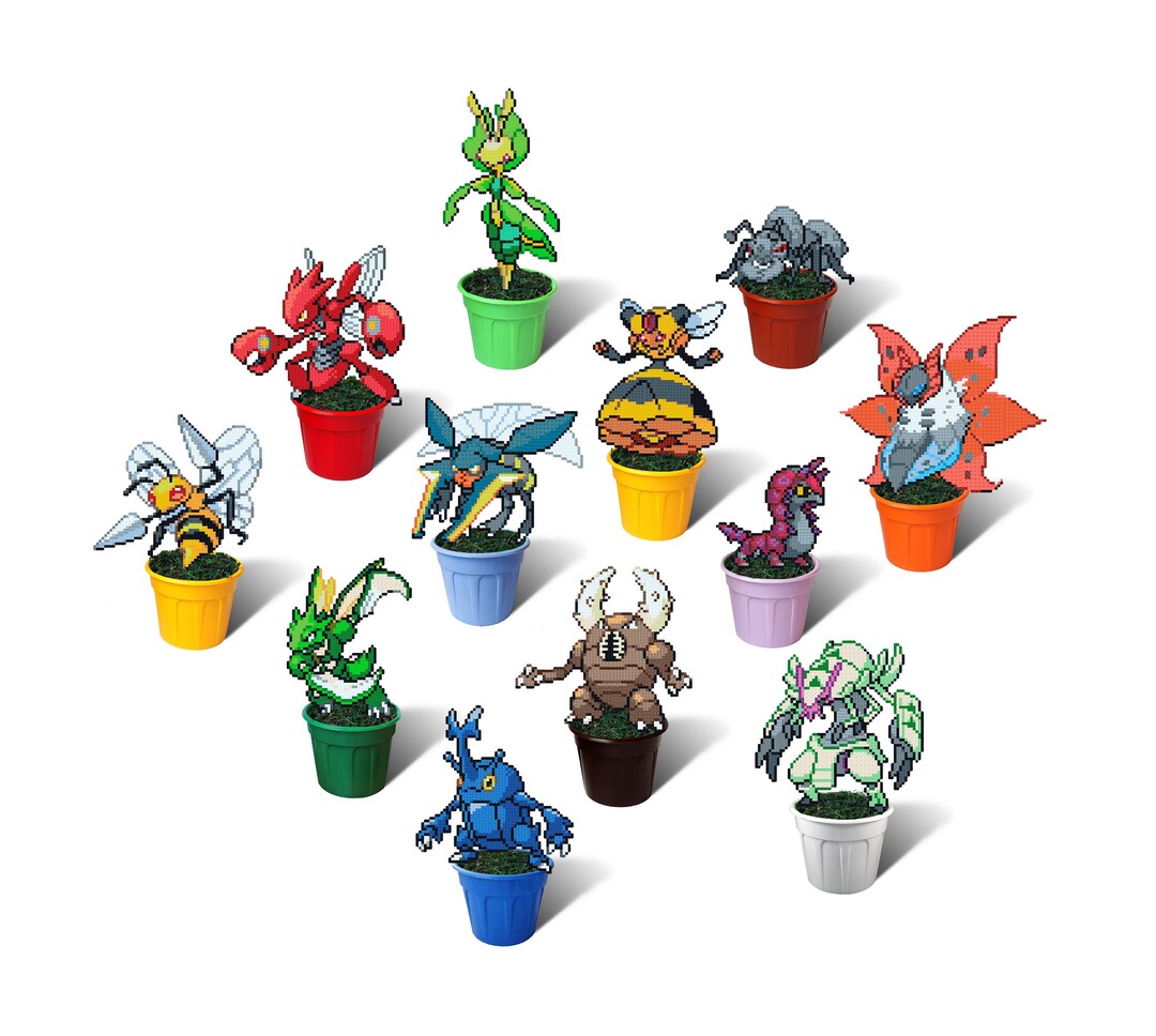 Bug Pokemon Figures in Plant Pot, Scizor, Scyther, Heracross, Volcarona
