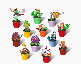 Bug Pokemon Figures in Pot, Caterpie, Weedle, Wurmple, Grubbin, Venonat, Larvesta, Sewaddle, Yanma, Venipede, Scatterbug, Combee, Shuckle