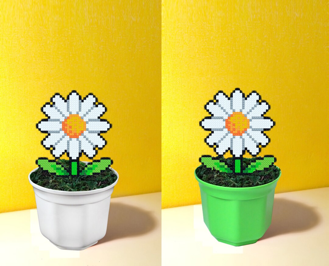 Fake Daisy Flower in Pot, Faux White Flower, Hama Beads Plant, 8 Bit ...
