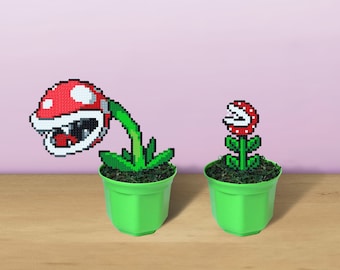 Piranha Plant Big, Super Mario Bros, Gift for Geek, Present for Super Mario Fan, Pixel Plant, Shelf Gamer Decor, Gaming Room Decoration