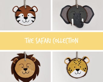 wood & felt ornaments | holiday ornaments | nursery decor | tiger, cheetah, lion, elephant ornaments