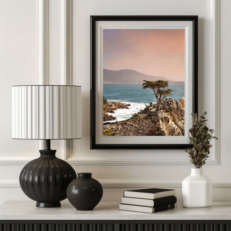 Lone Cypress Photography Print in frame hanging in entry way
