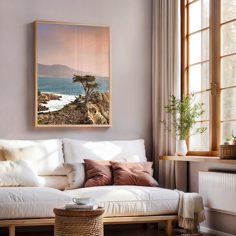 Lone Cypress Photography Print in frame hanging above couch in living room
