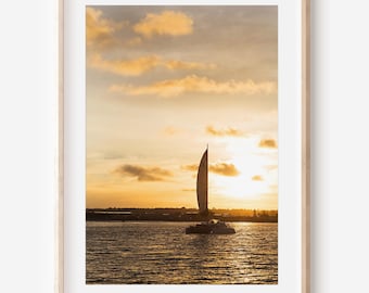 Solnedgångssegelbåtstryck, San Diego-konst, Havsfoto, Havsdekor, Strandfotografi, Kustväggkonst, Kaliforniens konsttryck, Solnedgångsfoto
