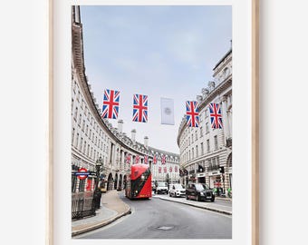 London Streets Photography Print, Union Jack Flag, London Art, UK Flag, Travel Print, Canvas Print, Double Decker Bus, British Decor