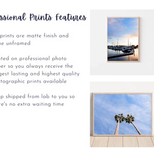 Pu&ograve; includere: Due stampe incorniciate di fotografia paesaggistica. La prima stampa mostra un porto turistico con barche al tramonto. La seconda stampa mostra due palme contro un cielo blu. Il testo "Professional Prints features" &egrave; visibile nella parte superiore dell'immagine.