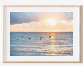 Tropical Sunset Coastal Wall Art | Digital Download | Pelican Artwork | Cancun Wall Decor