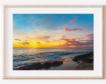 Arte de impressão do pôr do sol, download digital, fotografia do oceano, Oahu Havaí, impressão do oceano, arte de praia para impressão, impressão de ondas do oceano, arte costeira