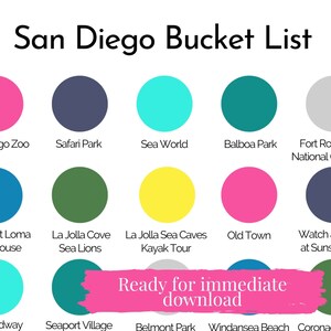 May include: A colourful infographic with a list of things to do in San Diego, California. The list includes attractions such as the San Diego Zoo, Safari Park, Sea World, Balboa Park, Fort Rosecrans National Cemetery, Point Loma Lighthouse, La Jolla Cove Sea Lions, La Jolla Sea Caves Kayak Tour, Old Town, Watch the Sunset at Sunset Cliffs, Seaport Village, Belmont Park, Windansea Beach, and Coronado.