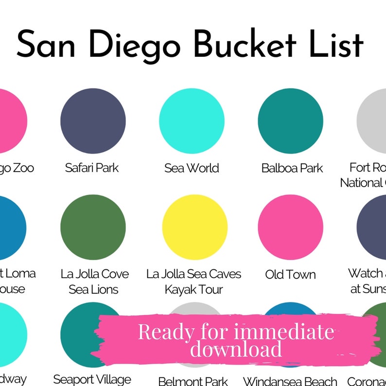 May include: A colourful infographic with a list of things to do in San Diego, California. The list includes attractions such as the San Diego Zoo, Safari Park, Sea World, Balboa Park, Fort Rosecrans National Cemetery, Point Loma Lighthouse, La Jolla Cove Sea Lions, La Jolla Sea Caves Kayak Tour, Old Town, Watch the Sunset at Sunset Cliffs, Seaport Village, Belmont Park, Windansea Beach, and Coronado.