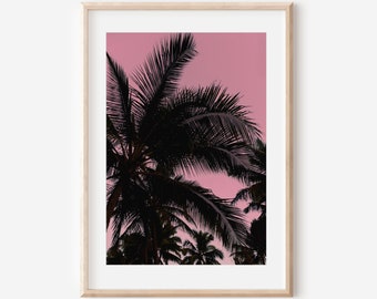 Impresión de palmeras, Foto de puesta de sol, Arte de hojas de palma, Oahu Hawaii, Arte de pared tropical, Arte de casas de playa, Impresiones de Hawái, Obras de arte hawaianas, Decoración de playa