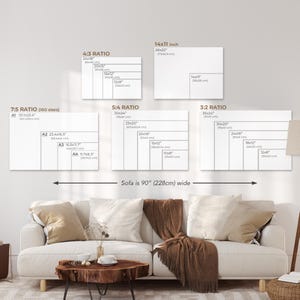 May include: A diagram showing different aspect ratios for printed artwork, with measurements in inches and centimeters. The diagram includes 7:5, 5:4, 4:3, and 3:2 aspect ratios. The text "Sofa is 90" (228cm) wide" is at the bottom of the diagram.