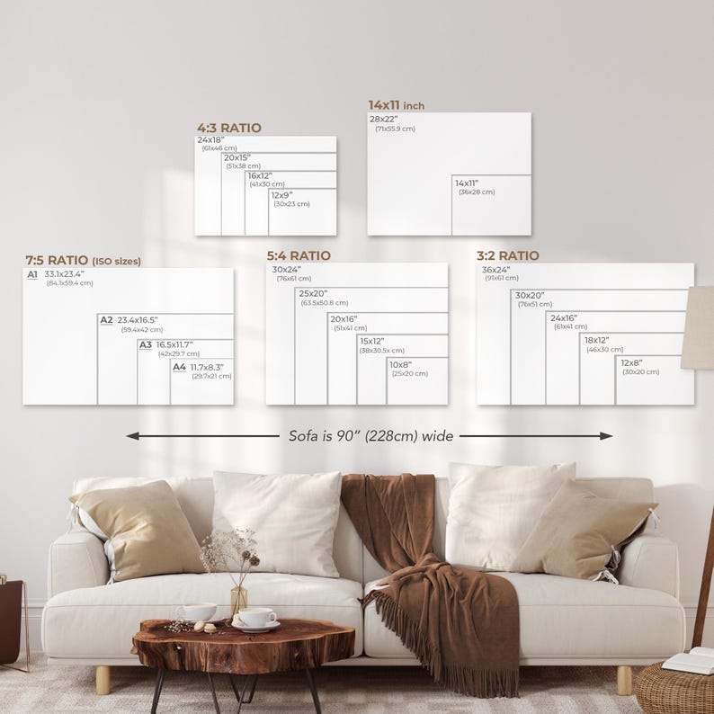 May include: A diagram showing different aspect ratios for printed artwork, with measurements in inches and centimeters. The diagram includes 7:5, 5:4, 4:3, and 3:2 aspect ratios. The text "Sofa is 90" (228cm) wide" is at the bottom of the diagram.
