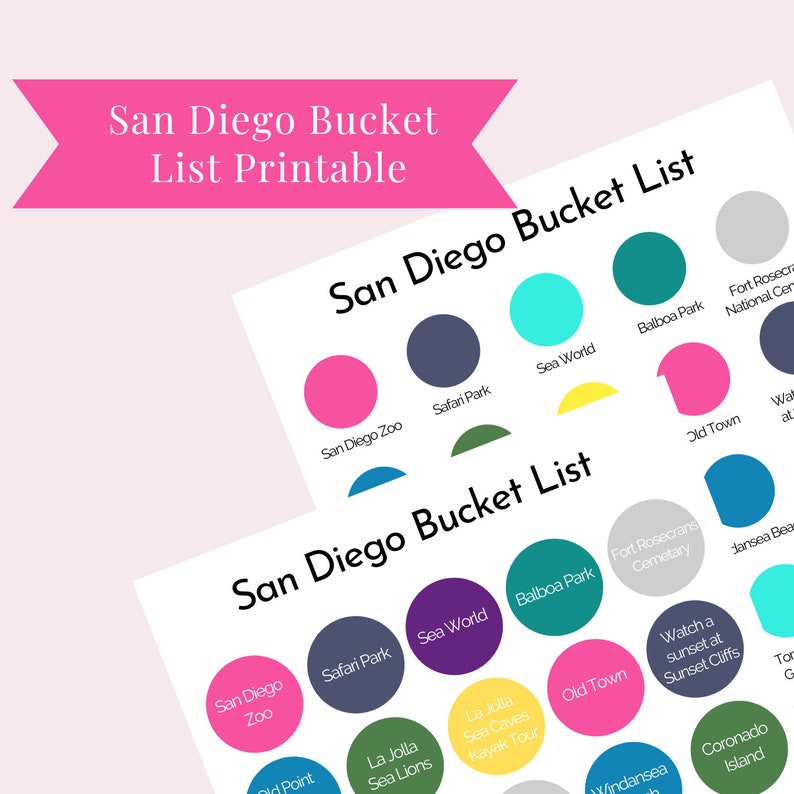 May include: A printable bucket list of things to do in San Diego, California. The list includes popular attractions such as the San Diego Zoo, Safari Park, Sea World, Balboa Park, Old Town, and more.
