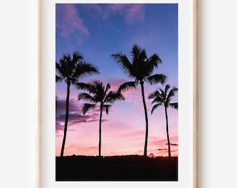 Sunset Palm Tree Print, Digital Download, Hawaii Art, Instant Download, Palm Tree Art, Beach Decor, Pink Beach Photo, Printable Art
