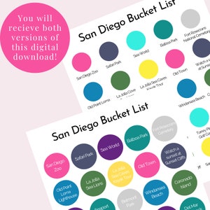 May include: A printable San Diego bucket list with colourful circles representing different attractions. The list includes San Diego Zoo, Safari Park, Sea World, Balboa Park, Old Town, La Jolla Sea Caves, La Jolla Cove, Old Point Loma, Windansea Beach, Fort Rosecrans National Cemetery, and Torrey Pines Golf Course.