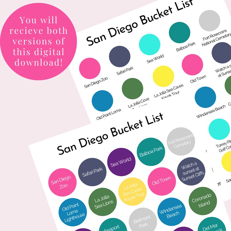 May include: A printable San Diego bucket list with colourful circles representing different attractions. The list includes San Diego Zoo, Safari Park, Sea World, Balboa Park, Old Town, La Jolla Sea Caves, La Jolla Cove, Old Point Loma, Windansea Beach, Fort Rosecrans National Cemetery, and Torrey Pines Golf Course.