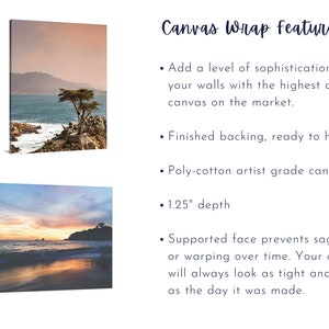 May include: Two canvas prints of ocean scenes. The top print shows a lone tree on a rocky outcropping with a blue ocean and a pink sky. The bottom print shows a sunset over the ocean with a sandy beach. Both prints have a 1.25 inch depth and a poly-cotton artist grade canvas.