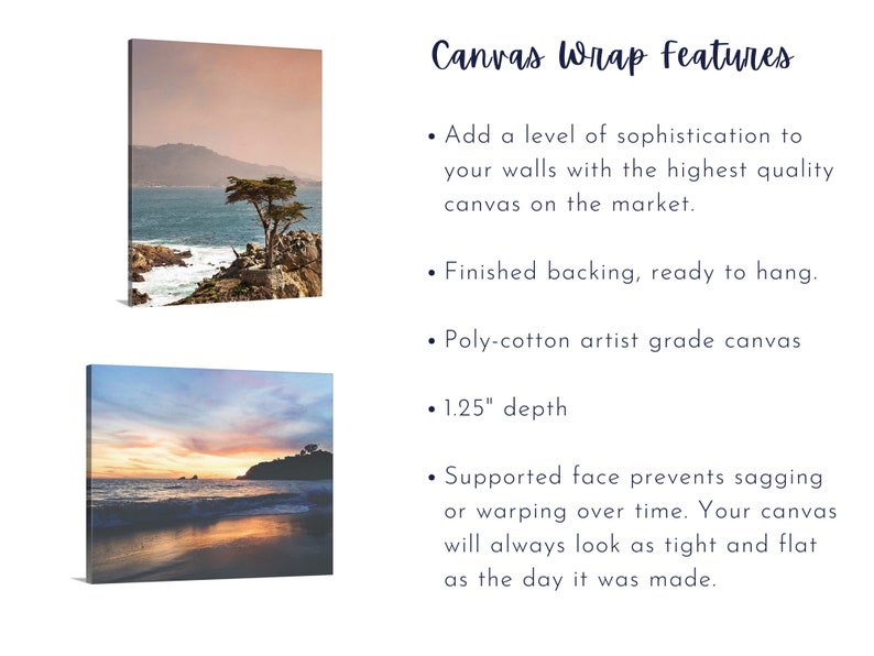 May include: Two canvas prints of ocean scenes. The top print shows a lone tree on a rocky outcropping with a blue ocean and a pink sky. The bottom print shows a sunset over the ocean with a sandy beach. Both prints have a 1.25 inch depth and a poly-cotton artist grade canvas.