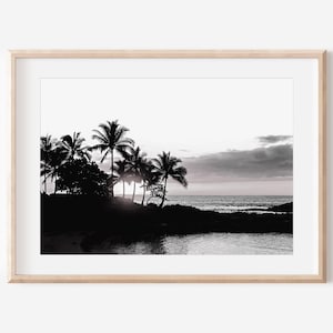 Impressão digital em preto e branco de palmeira, Oahu, Havaí, decoração tropical, arte de parede costeira, arte havaiana, impressão oceânica, arte costeira. imagem 1